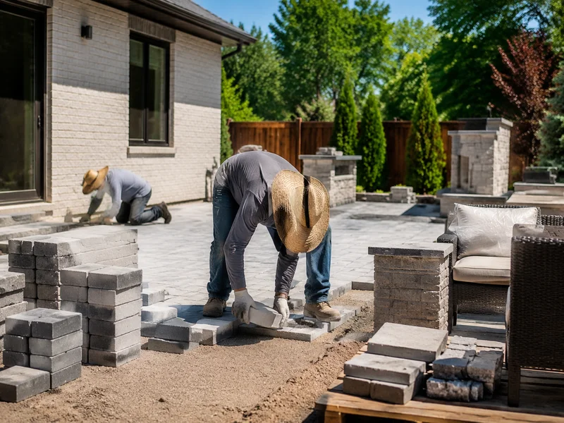 Organized patio project site with materials and workers