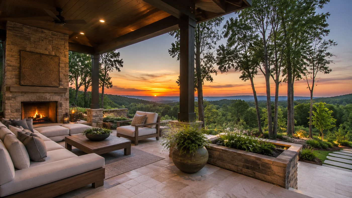 Luxurious patio at sunset with modern and rustic elements