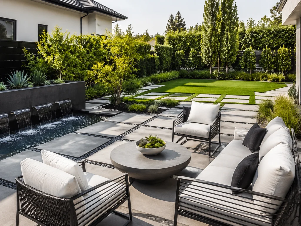 Modern patio with geometric pavers and minimalist furniture