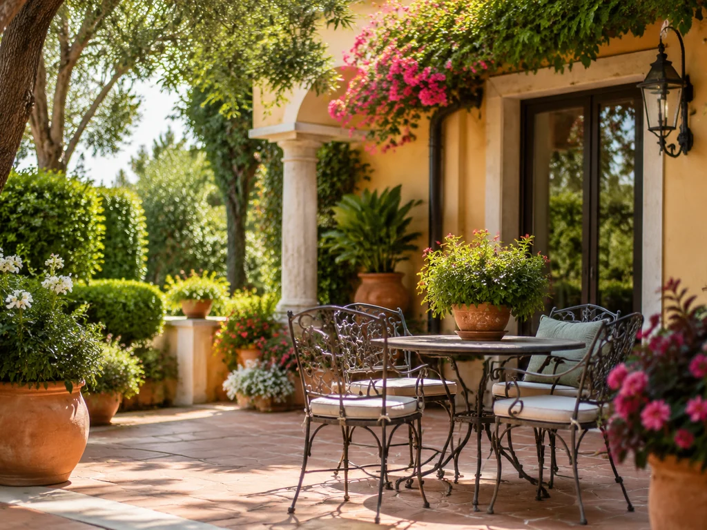 Mediterranean patio with terracotta tiles and wrought iron furniture