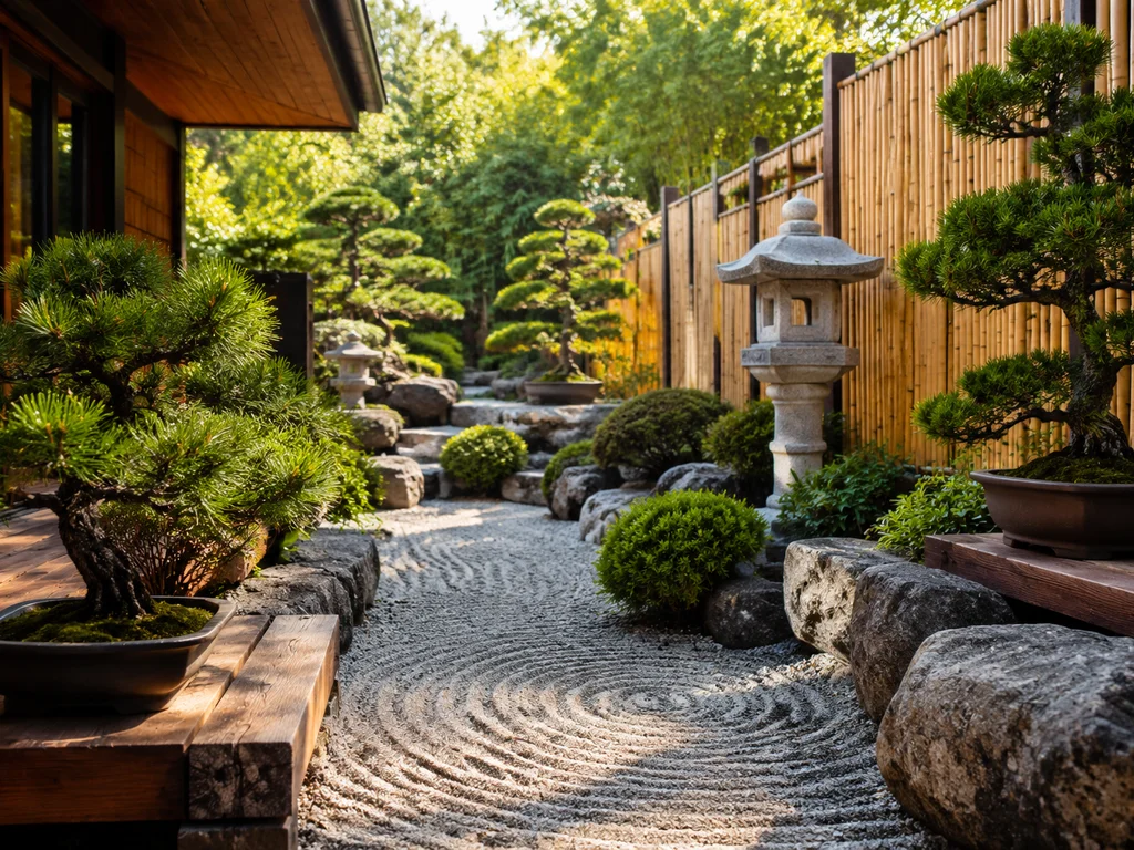 Zen garden patio with gravel and bamboo screens