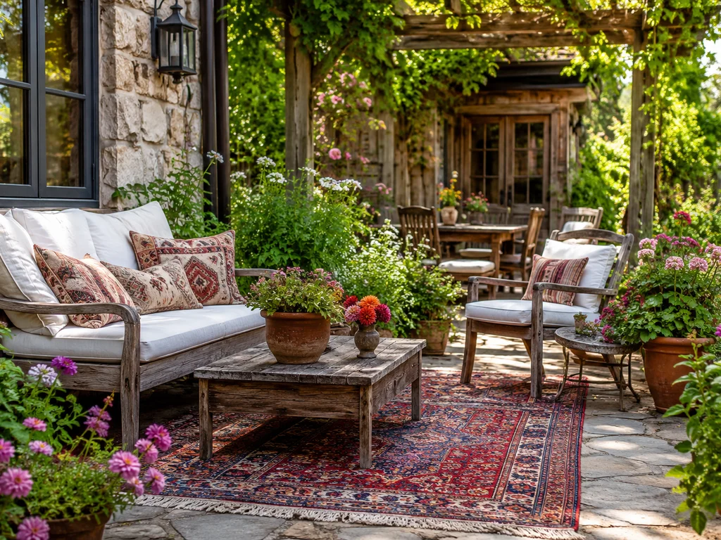 Cottage-style patio with colorful rugs and vintage furniture