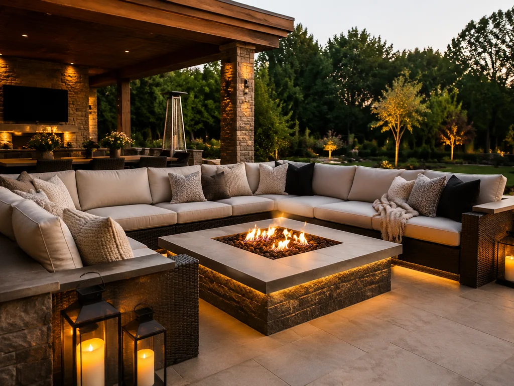Outdoor living room with sectional sofa and fire pit