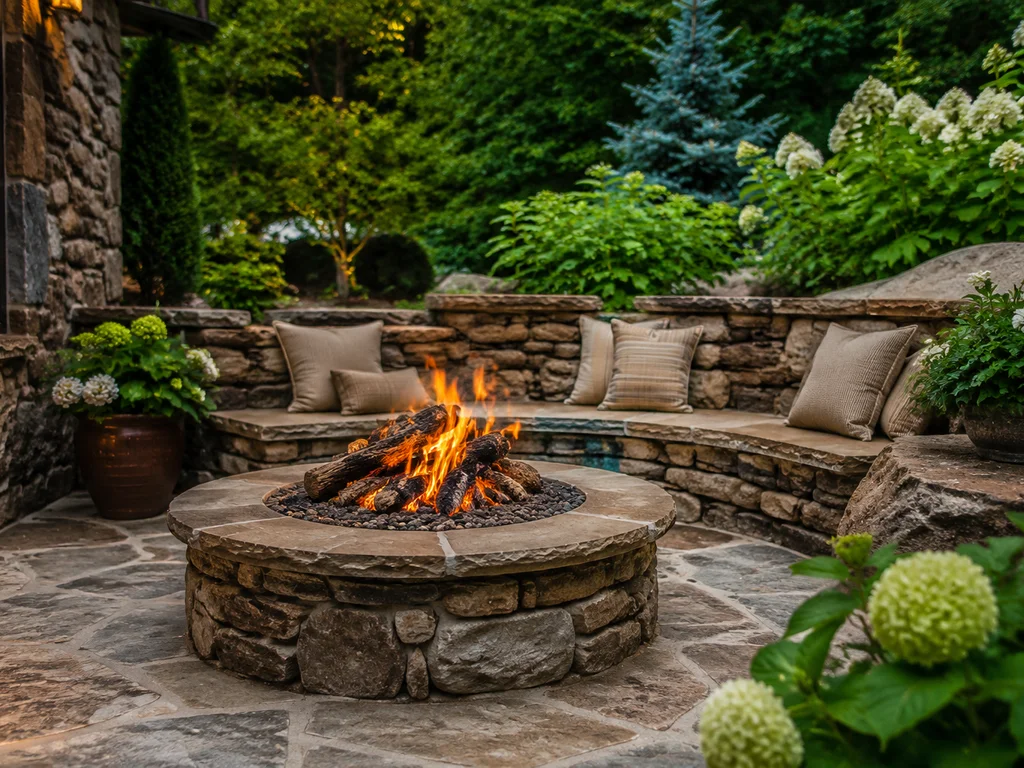 Rustic patio corner with natural stone and fire pit