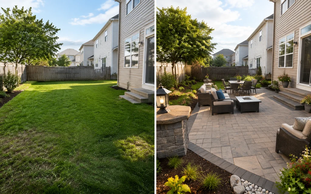 Before and after comparison of a backyard with a newly installed paver patio