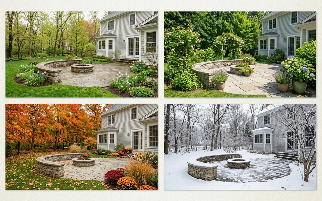 Seasonal preview of a paver patio in a backyard across spring, summer, autumn, and winter