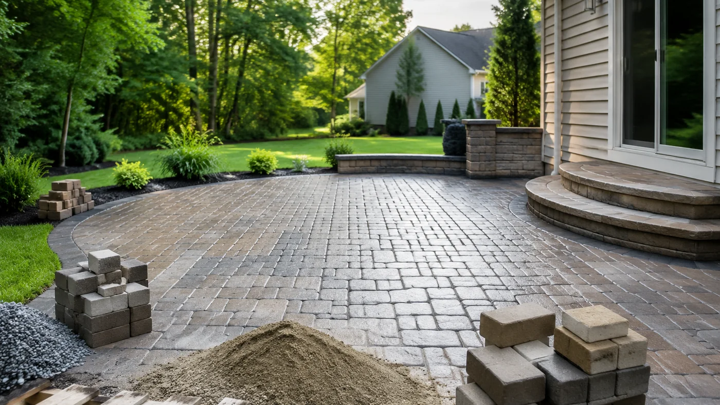 Photorealistic image of a newly constructed paver patio with cost-estimation materials
