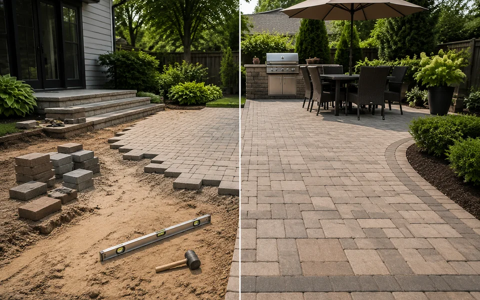 Split-view of DIY and professional paver patio installation in a backyard