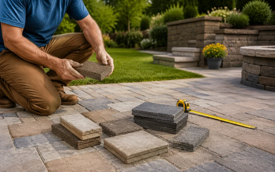 Image of a person planning a paver patio project with cost calculator and paver samples