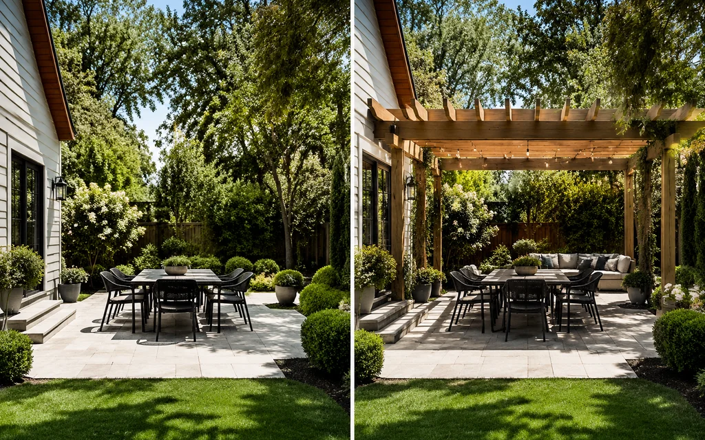 AI-generated preview of a pergola design in a backyard with before and after comparisons.