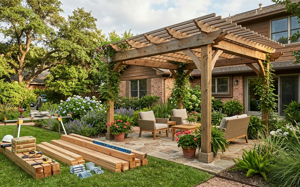 Backyard pergola installation with materials staged nearby for cost estimation.