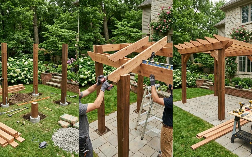 Step-by-step pergola installation process in a backyard with materials and tools.