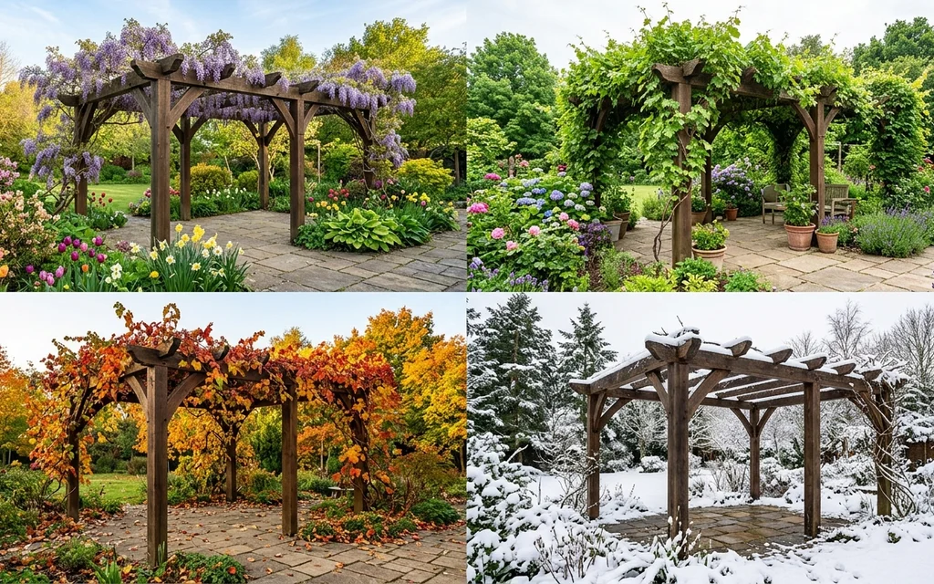 Backyard pergola visualized in spring, summer, autumn, and winter settings.