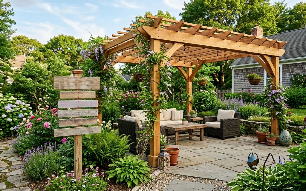 Backyard pergola with a signpost suggesting local contractors.