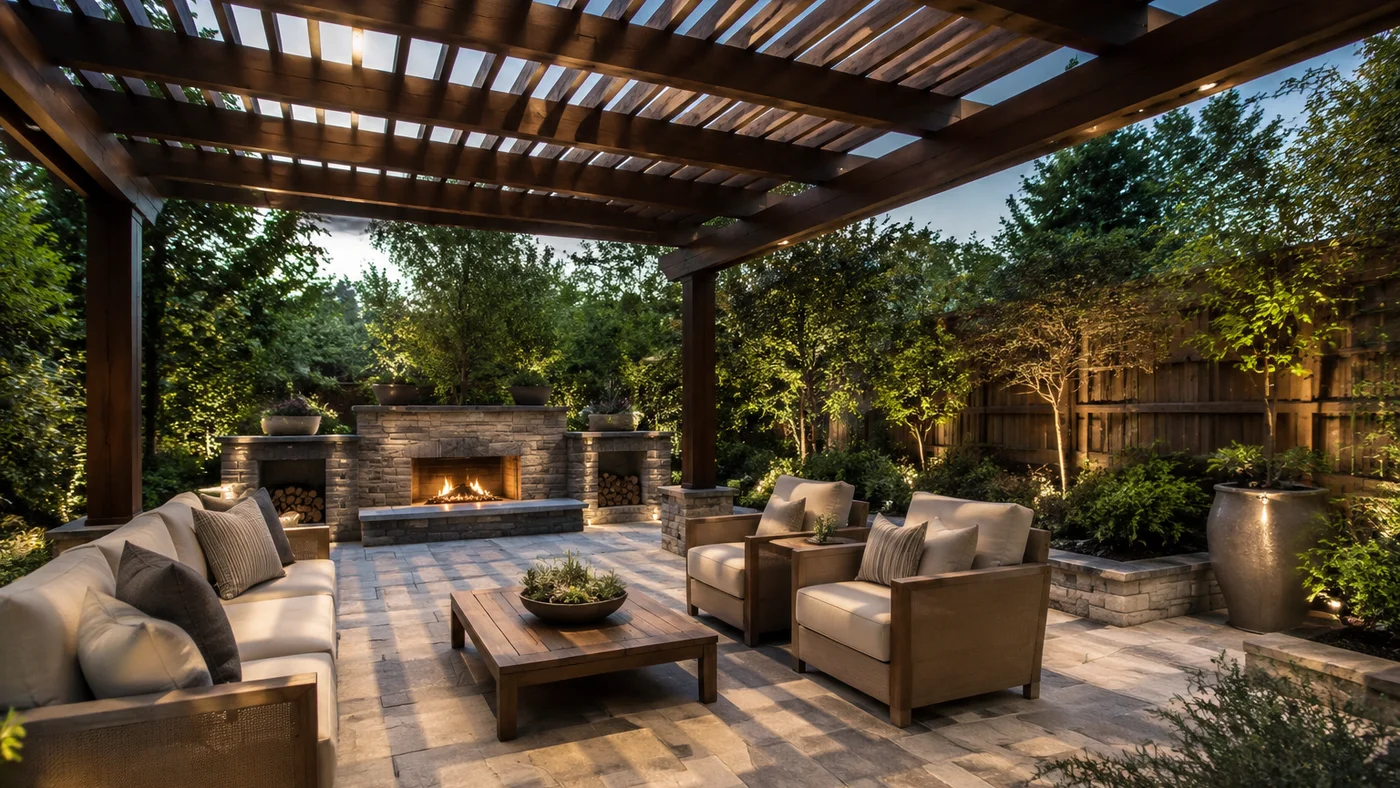 Modern pergola in a landscaped backyard with stone patio and ambient lighting.