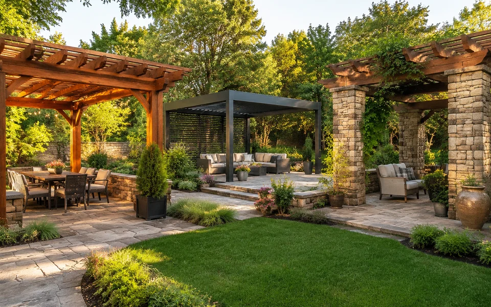 Different pergola materials such as wood, aluminum, and stone in a backyard setting.