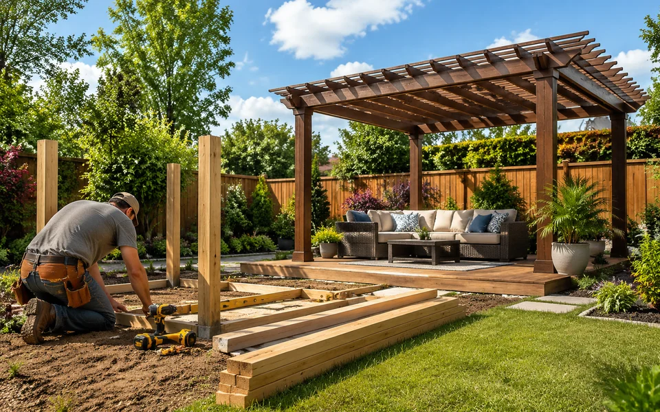 DIY pergola project and professional installation comparison in a backyard.