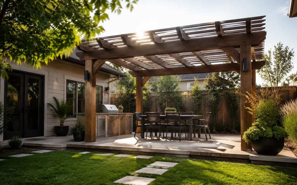 Backyard with a planned pergola design and cost breakdown visualized next to the installed pergola.