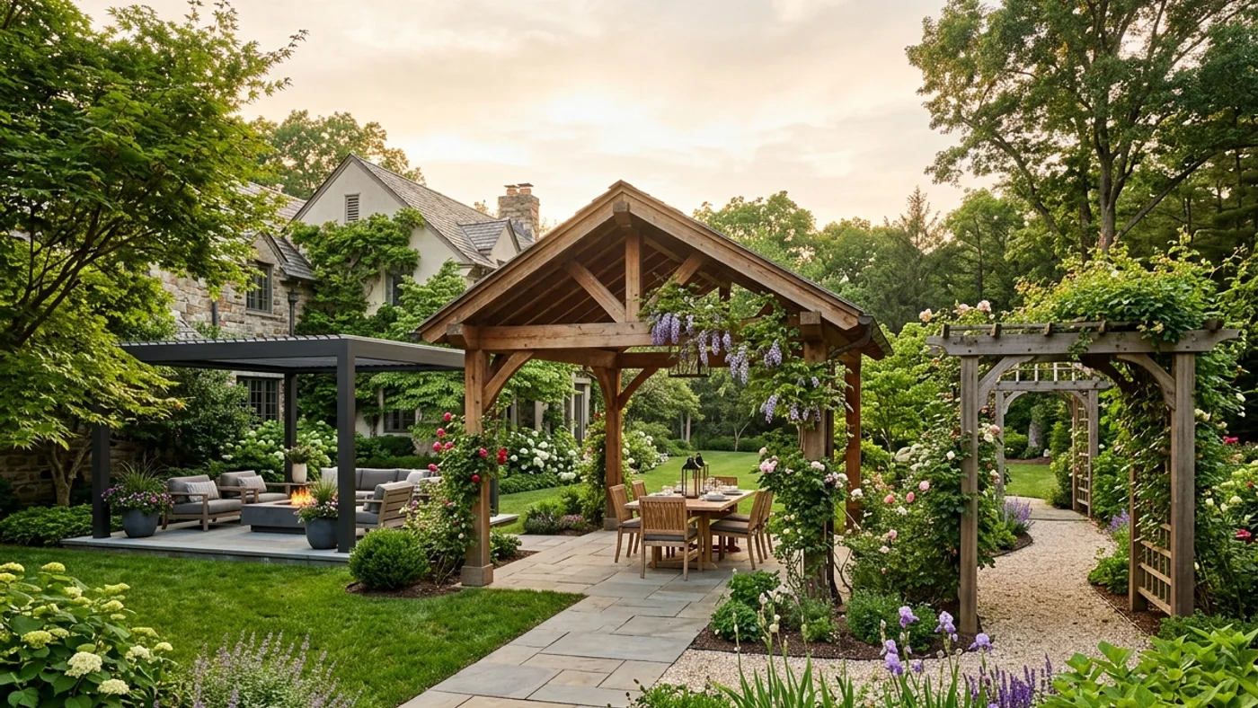 Beautiful backyard with diverse pergola designs at sunset
