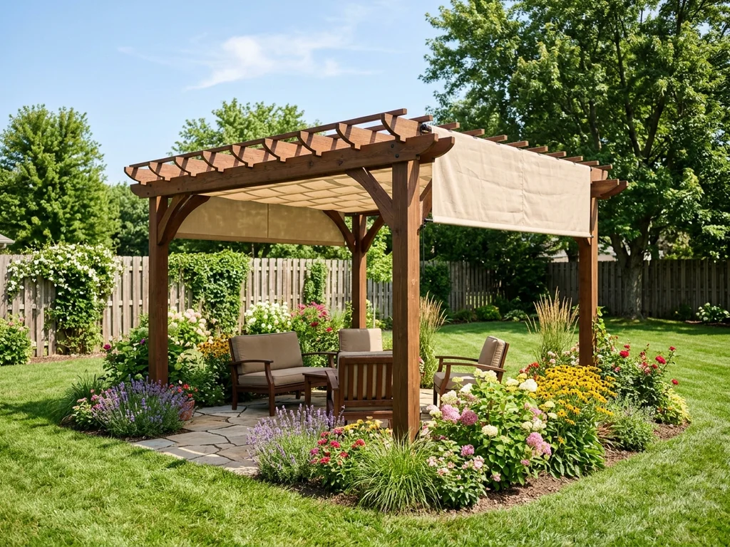 Freestanding wooden pergola with retractable canopy