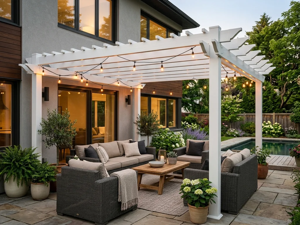Attached vinyl pergola with outdoor seating