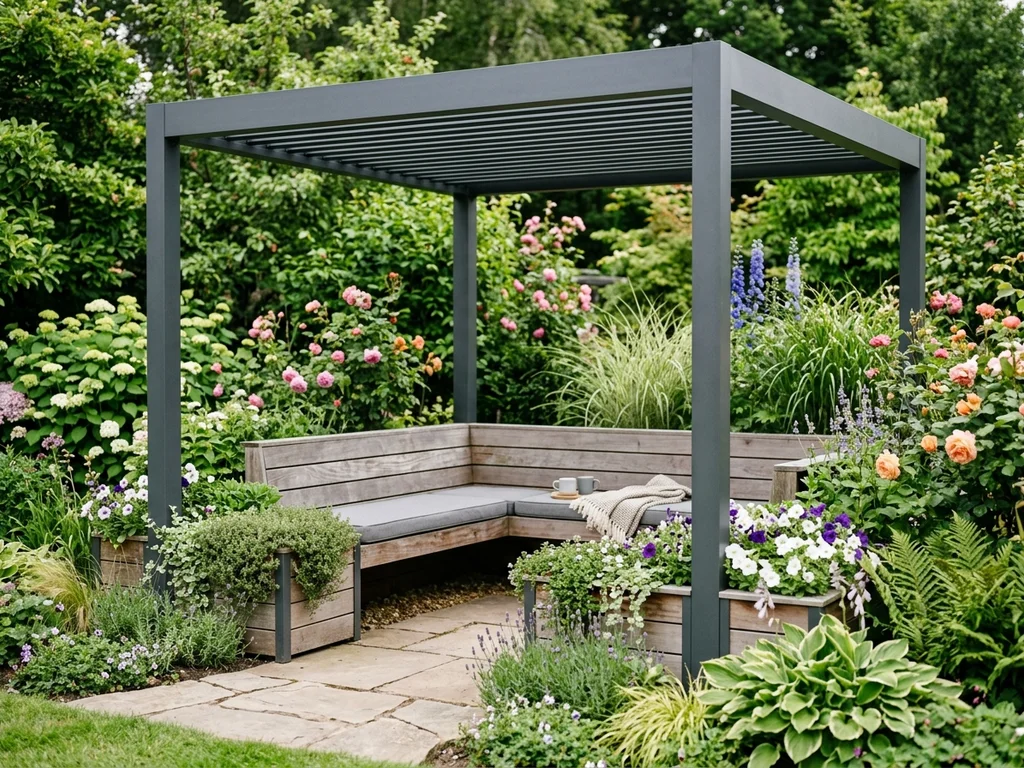 Aluminum pergola with built-in seating and planters
