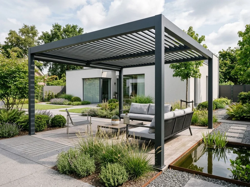 Modern metal pergola with louvered roof