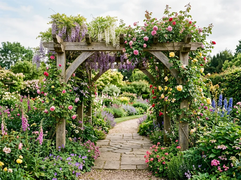 Traditional wooden pergola with climbing plants