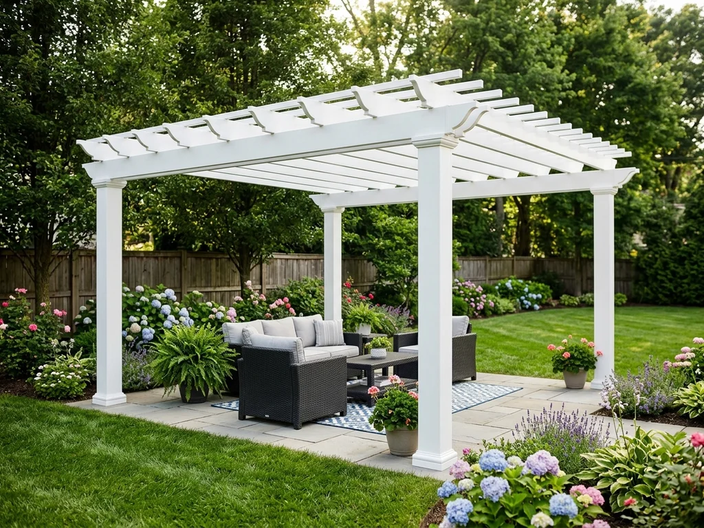 Vinyl pergola with weather-resistant features