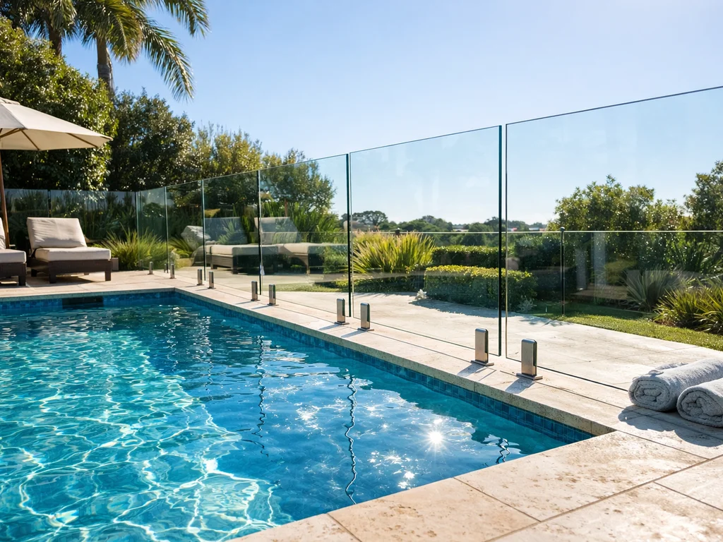 Pool with sleek glass panel fencing