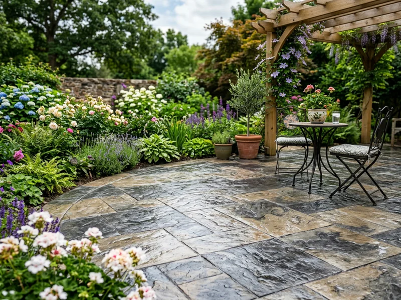 Revitalized stamped concrete patio with a fresh look and vibrant surroundings.