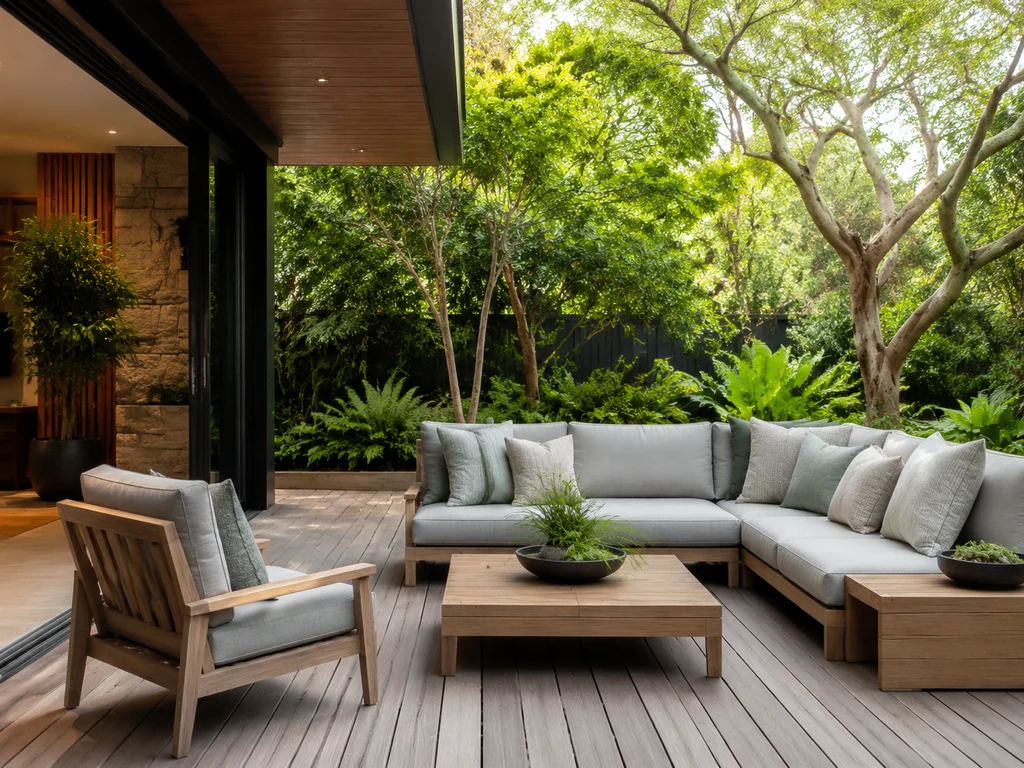 Seamless indoor-outdoor flow with matching colors and materials on the patio.