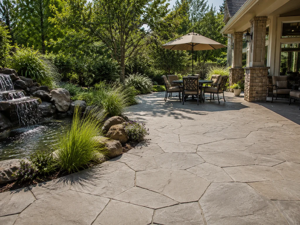 Textured stamped concrete patio resembling natural stone with surrounding plants.