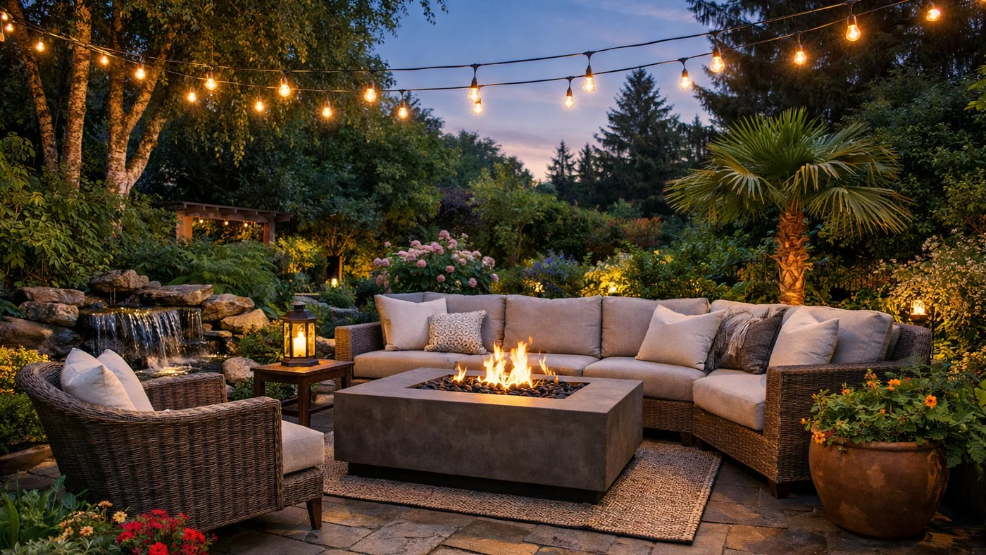 A beautifully transformed backyard with modern decor at twilight
