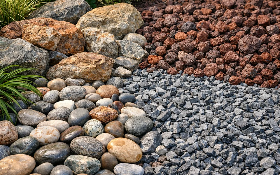 Variety of landscape rocks in a garden setting