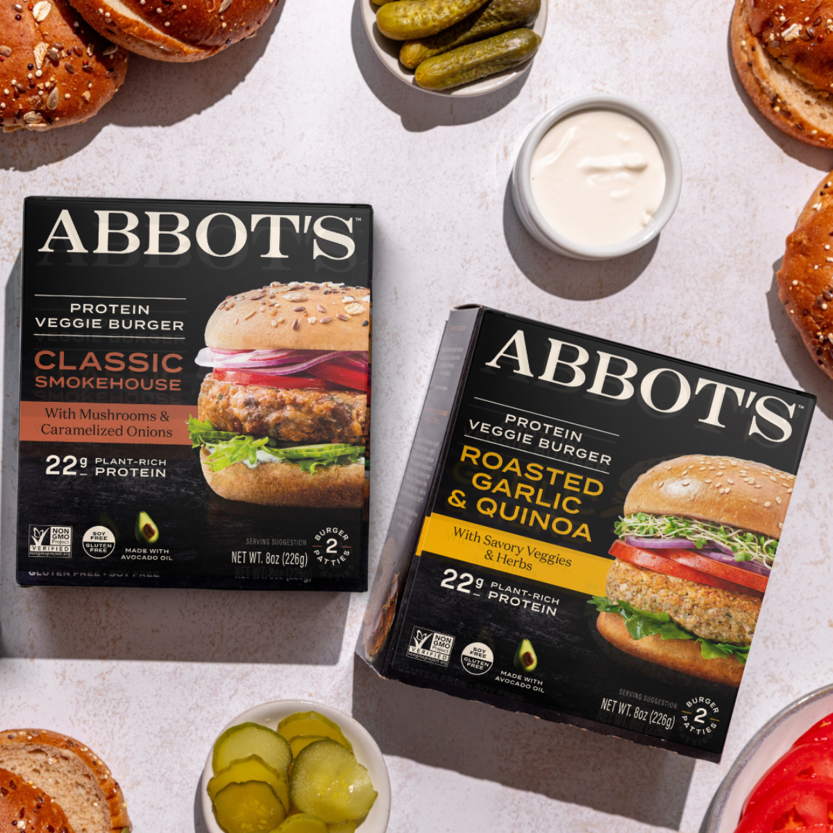 Abbot's plant-based veggie burger packaging and burgers