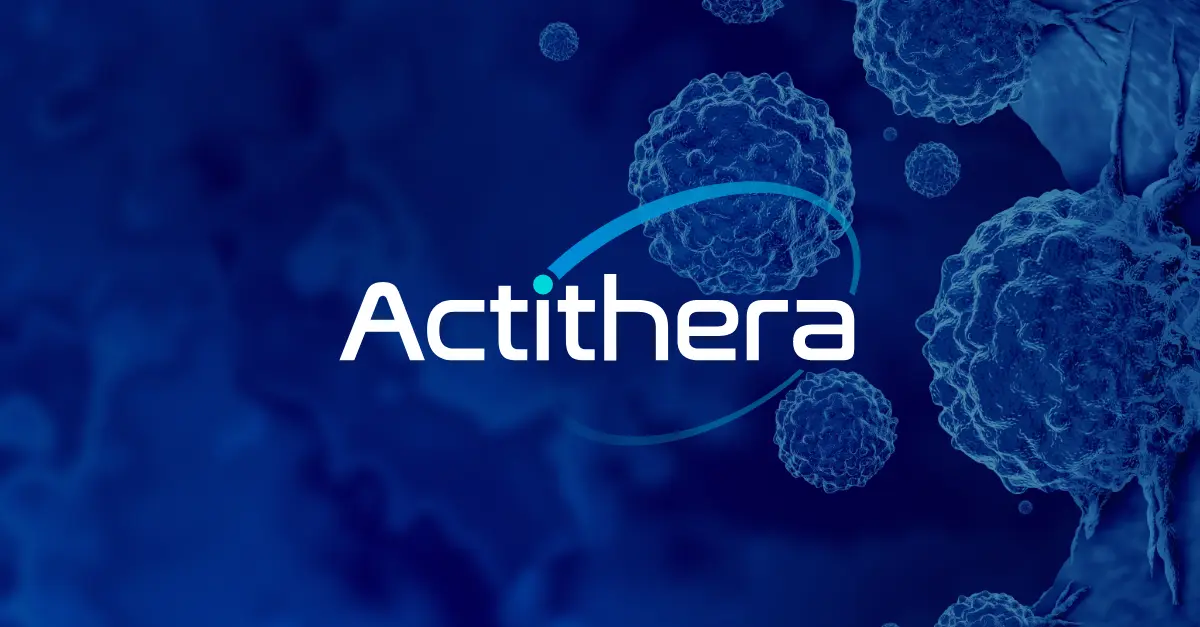 Actithera company logo over a microscopy field of tumor cells