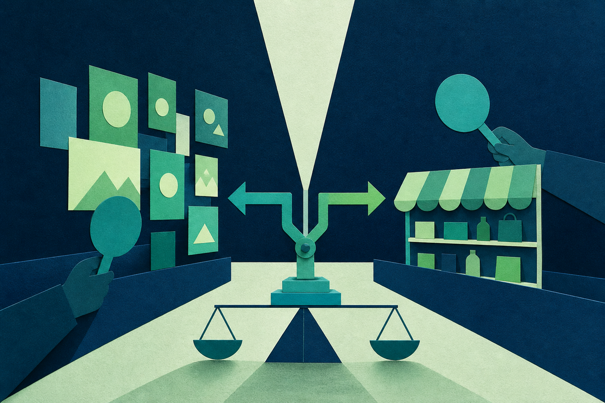 Abstract editorial illustration of a buyer, a retailer and a balanced two-sided advertising marketplace