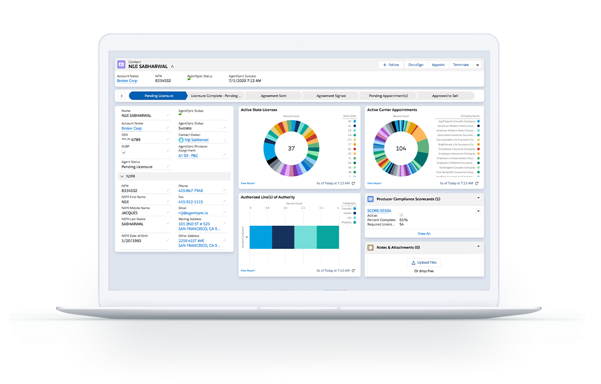 AgentSync producer management dashboard showing licenses, appointments and compliance status