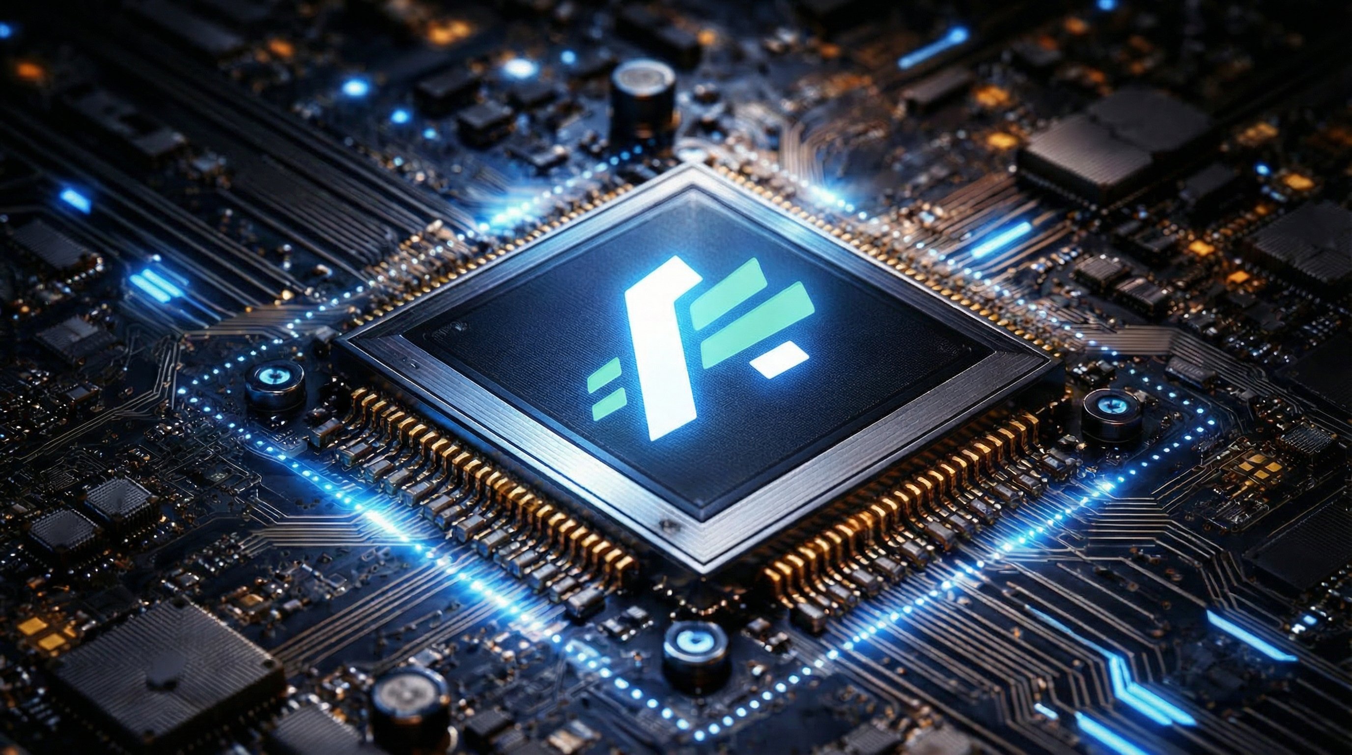The AheadComputing logo mark etched onto a CPU die surrounded by a glowing circuit board