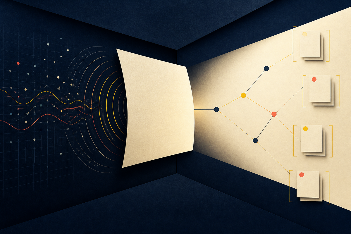 Editorial illustration of analytics signals passing through a paper layer into connected citations