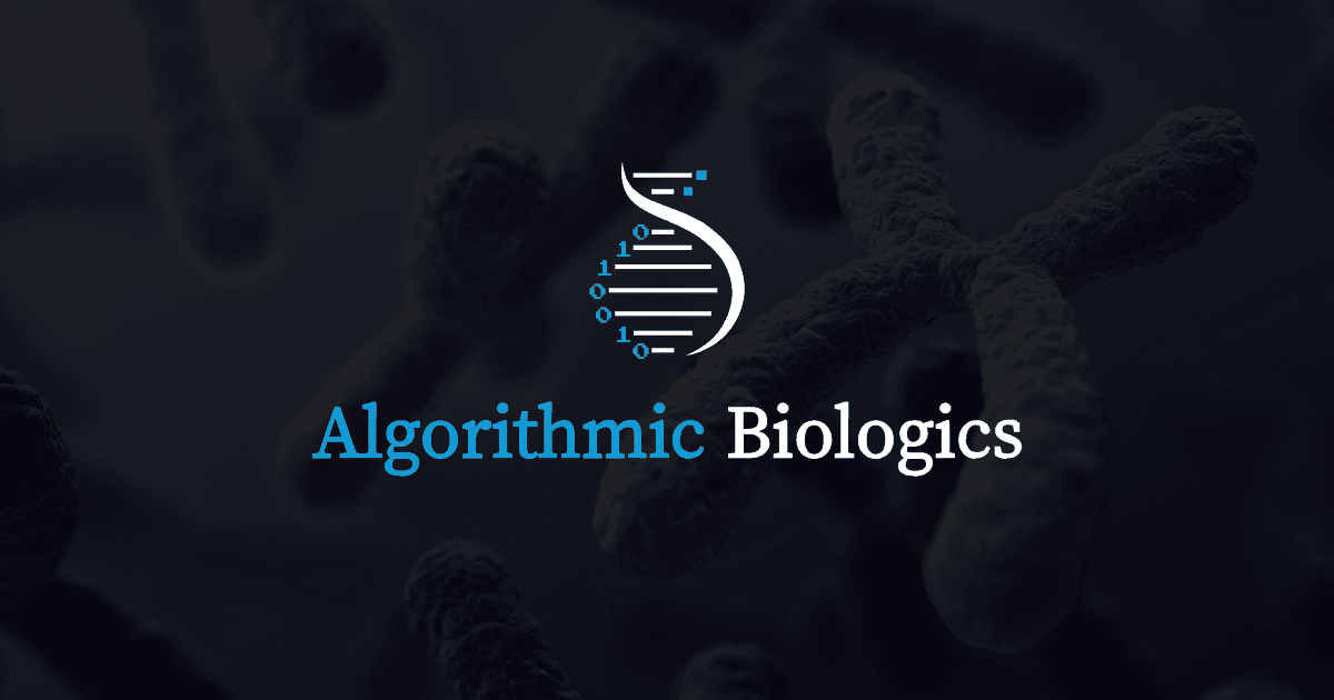 Algorithmic Biologics logo - a DNA helix rendered in binary, on navy
