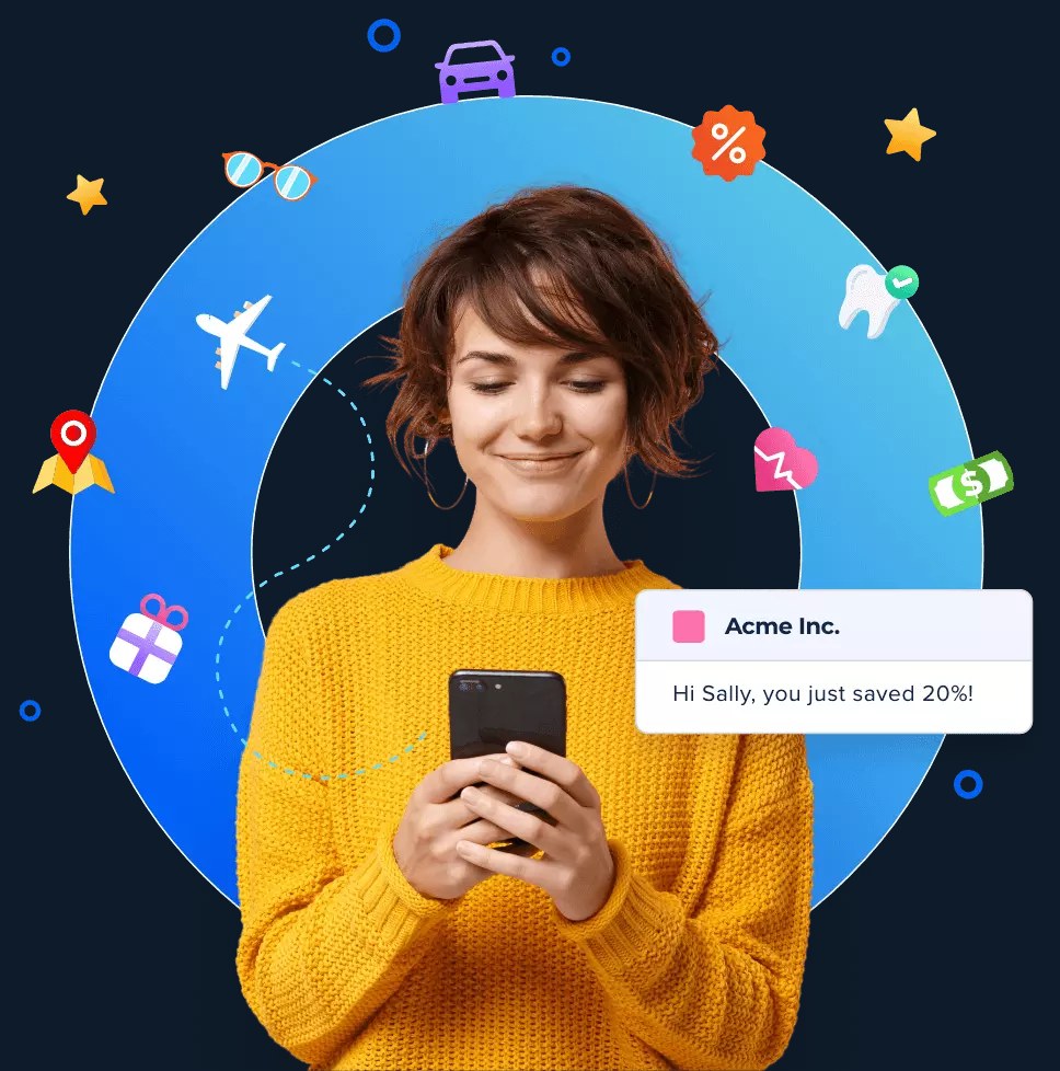 Illustration of a person checking a phone surrounded by benefit icons - a car, a plane, a gift, a tooth, a dollar bill and a discount tag