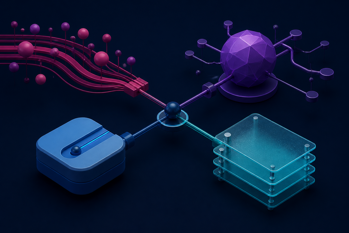 Four colorful three-dimensional systems connected around a central customer node