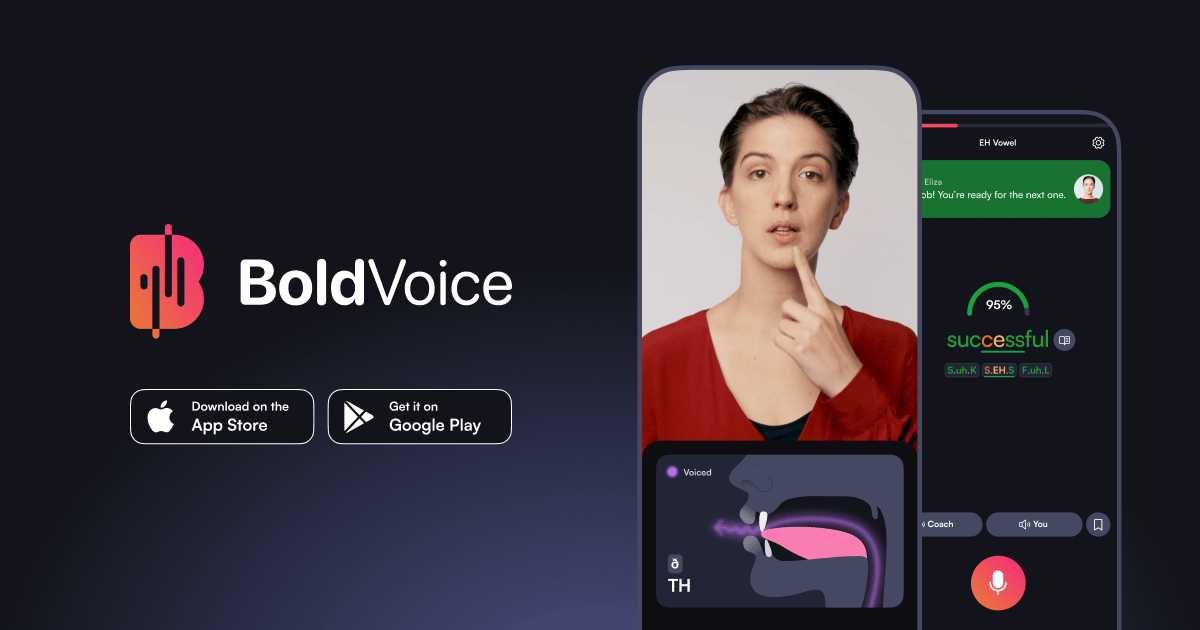 BoldVoice logo beside the app showing real-time pronunciation scoring and a Hollywood-coach video lesson