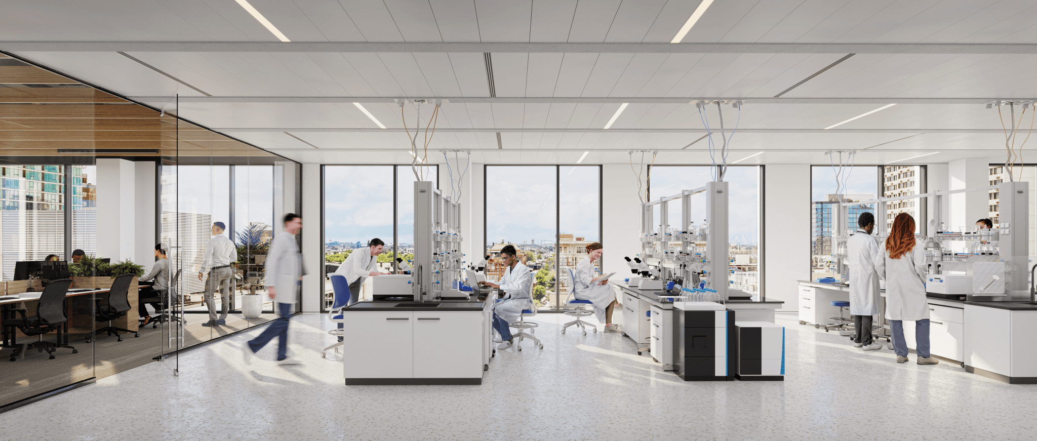 Purpose-built laboratory interior with benches and workstations