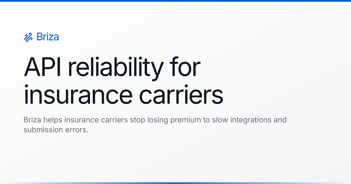 Briza brand card reading 'API reliability for insurance carriers'