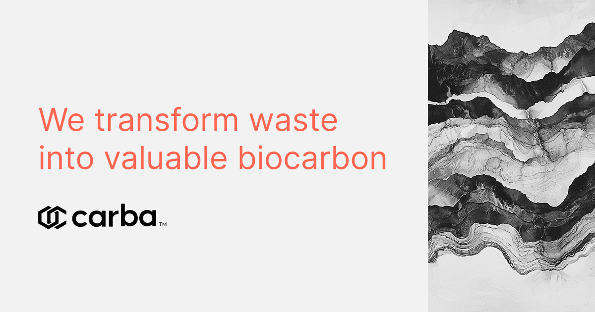 Carba logo and tagline: We transform waste into valuable biocarbon