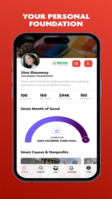A Cauze user profile showing a personal foundation, followers, total given and a monthly giving goal dial