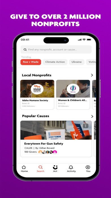 Cauze app search screen showing local nonprofits and popular causes